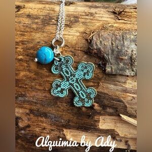 TURQUOISE AND SILVER DAINTY CROSS NECKLACE